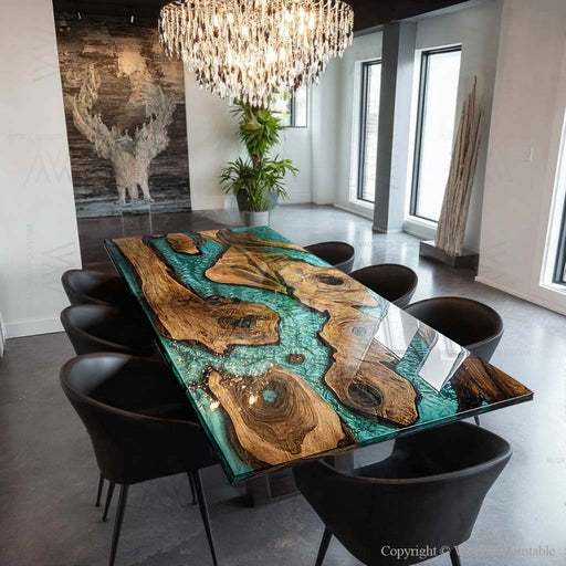 Custom burl wood dining table with green swirl epoxy resin