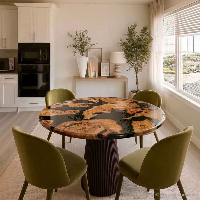 Custom burl wood resin table featuring natural grain and handcrafted epoxy details