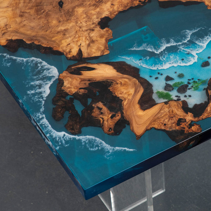 Custom cedar burl resin river dining table inspired by ocean views