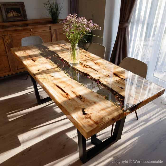 Custom DIY flower resin table combining poplar wood and crystal clear epoxy