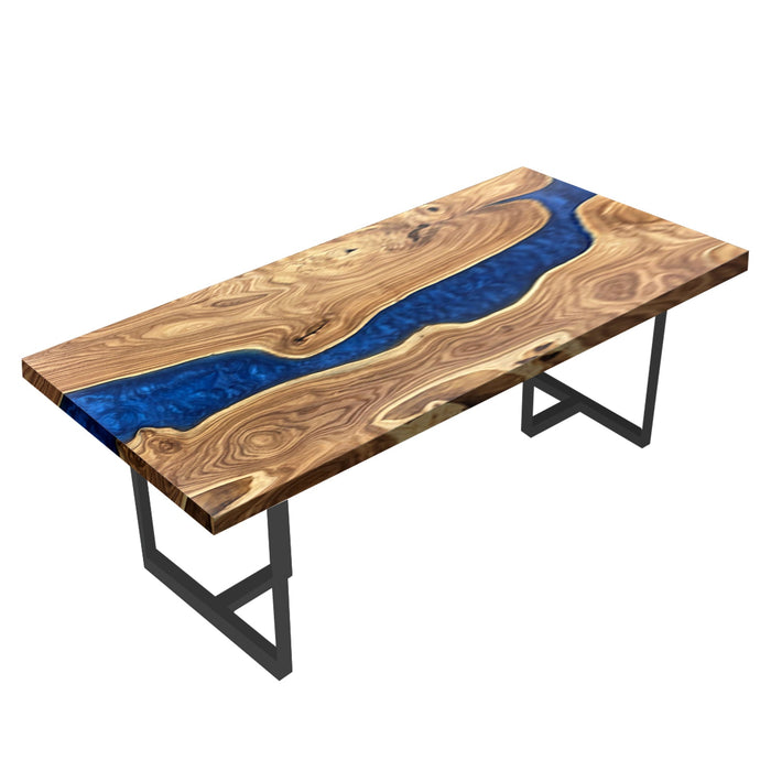 Custom elm wood dining table featuring deep blue epoxy resin river and natural wood grain texture for elegant dining spaces.