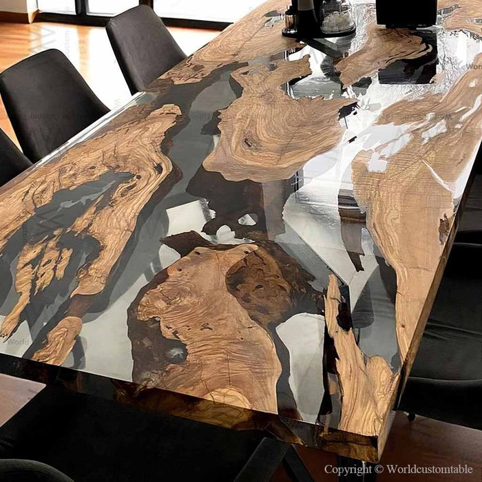 Custom epoxy dining table with gray resin in contemporary home