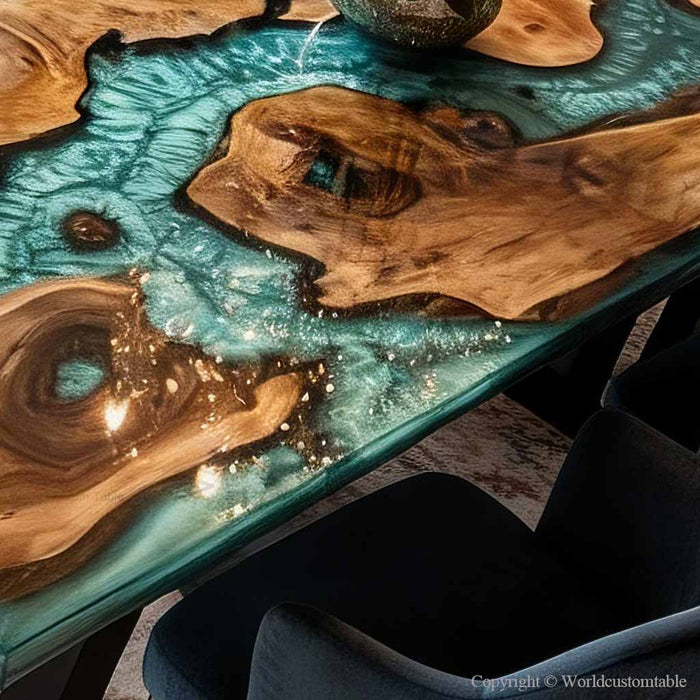 Custom epoxy dining table with artistic green resin pattern