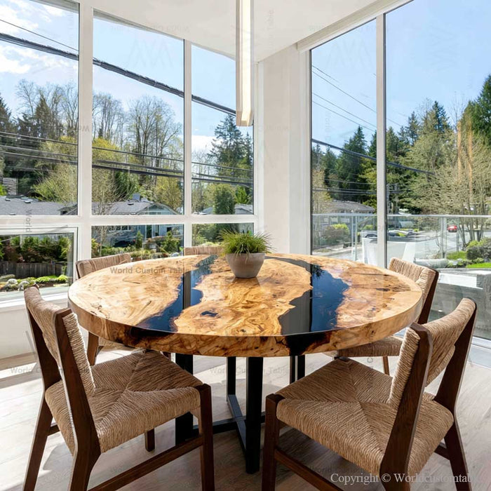 Custom epoxy dinning table showing natural poplar wood grain