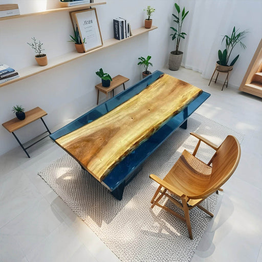 Handmade wood and resin desk with natural edge for workspaces.