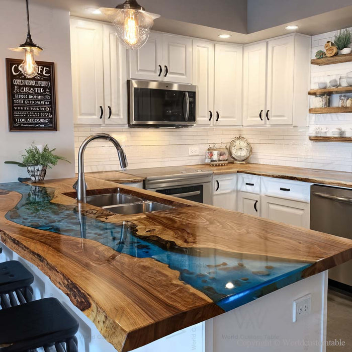 Ocean blue epoxy river table highlighting natural walnut wood texture and grain pattern