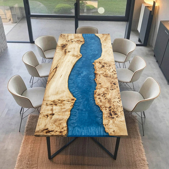 Custom epoxy resin river table crafted from poplar wood for modern homes
