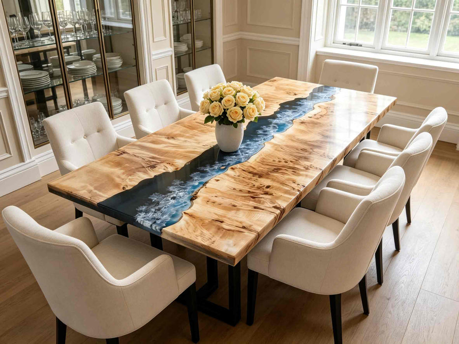 Modern poplar epoxy river dining table with black metal base, styled in a bright open-concept kitchen.