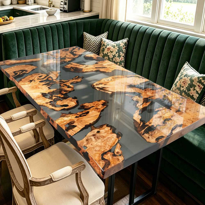 Overhead view of a custom wood and resin table showcasing the unique organic shapes of burl wood islands.