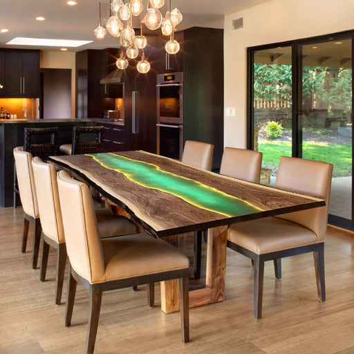Custom conference epoxy table with green LED-lit resin river and handcrafted wood grain