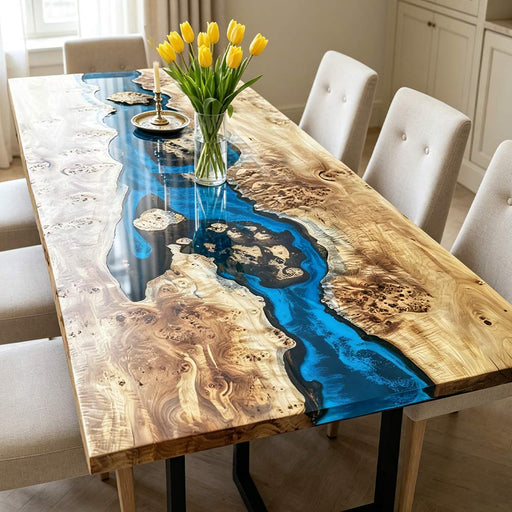 Minimalist blue epoxy conference table with white poplar wood slab construction