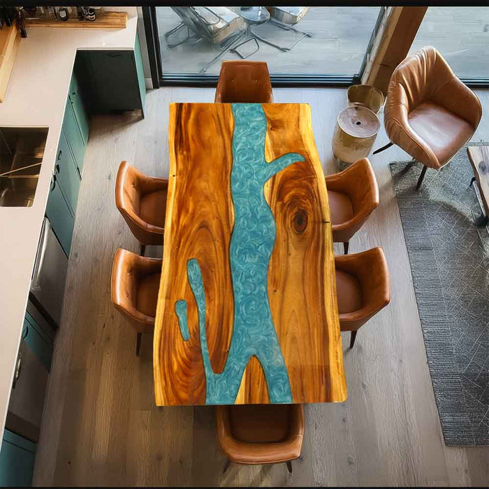 Unique handcrafted walnut epoxy dining table with vibrant blue-green tones