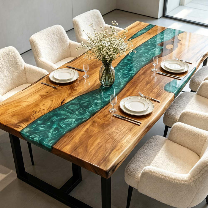 Custom walnut epoxy table featuring green resin river design