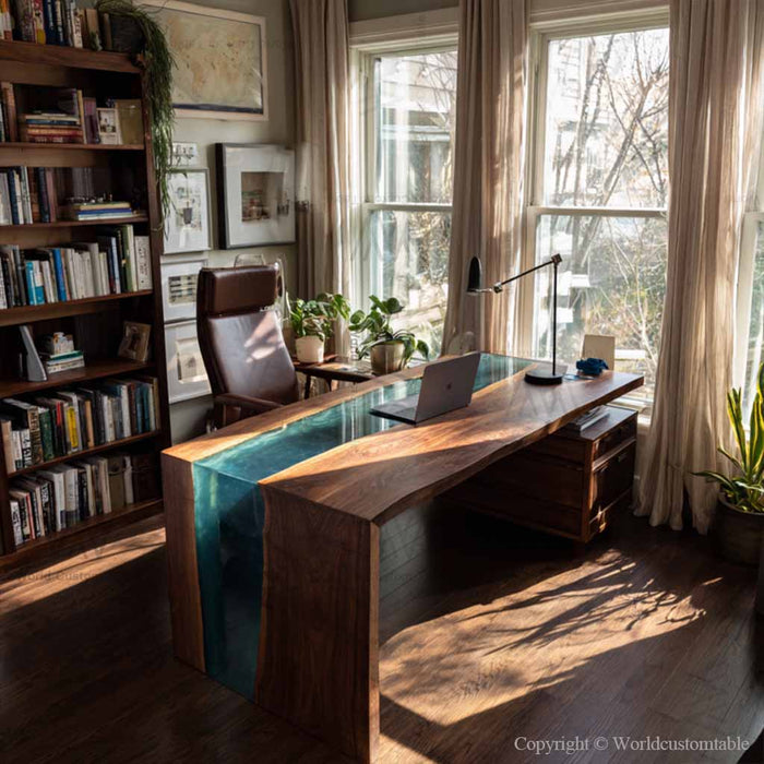 Custom epoxy waterfall table with walnut wood and teal resin river