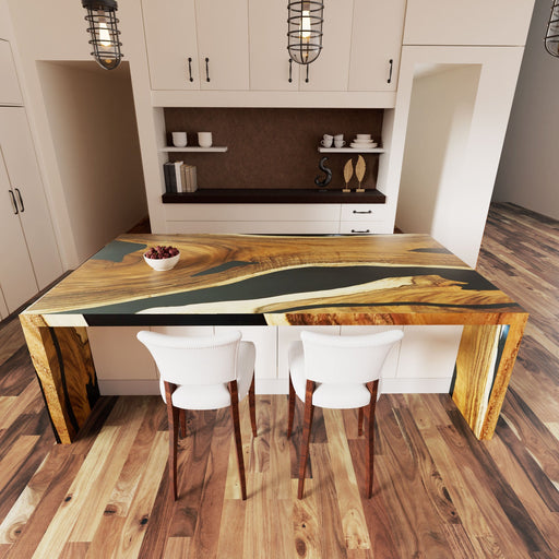 Live edge walnut kitchen island with epoxy resin, functional and stylish centerpiece.