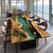 Dining table with unique design in a modern room with large windows overlooking the ocean.
