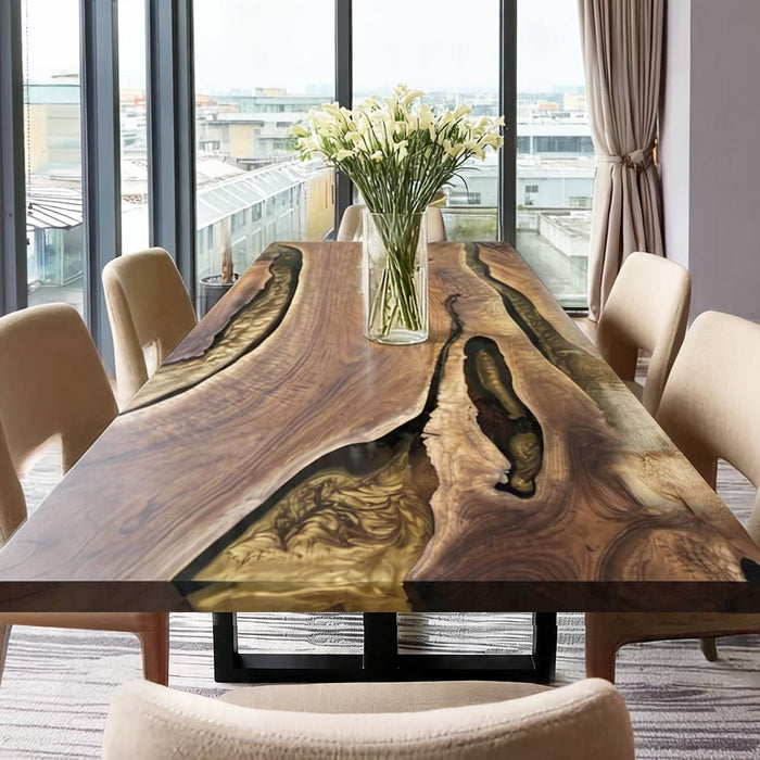 Modern black walnut dining table with shimmering gold epoxy resin river, scratch-resistant high-gloss tabletop for dining room