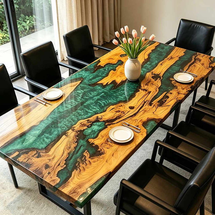 Custom olive wood table featuring a vibrant green epoxy resin river