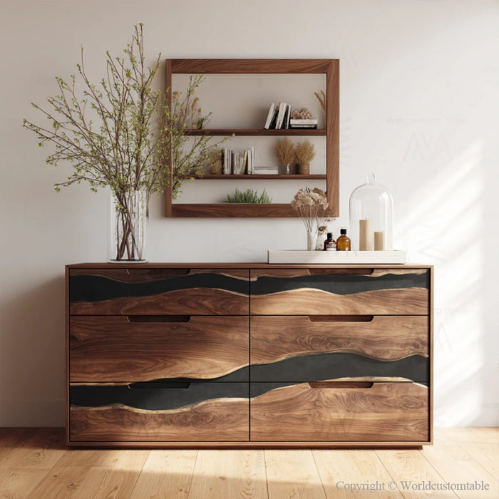 Handcrafted black walnut resin dresser closeup highlighting wood grain and resin