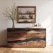 Handcrafted black walnut resin dresser closeup highlighting wood grain and resin