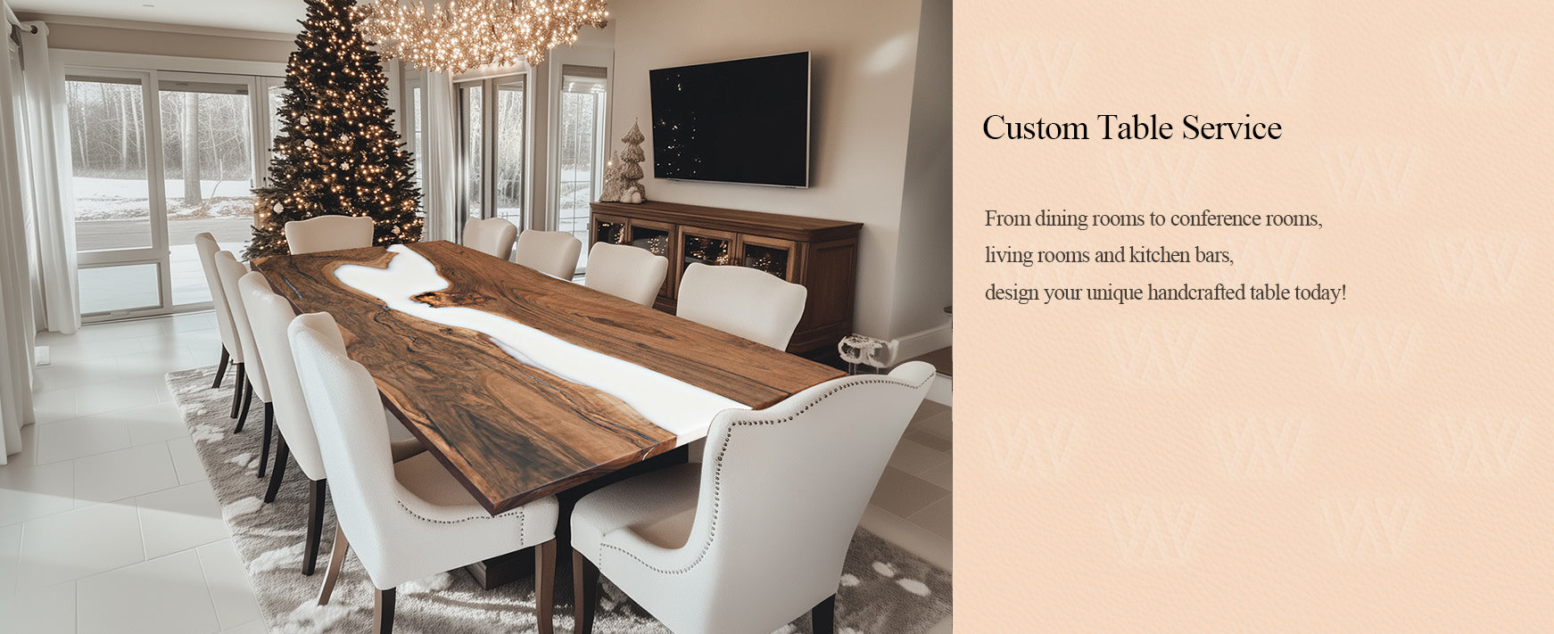 A custom handcrafted epoxy table designed to elevate any space—from dining rooms and living rooms to conference rooms and kitchen bars.