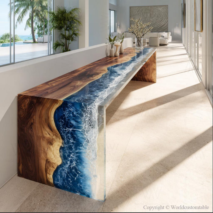 Handmade black walnut epoxy waterfall table with beach wave resin