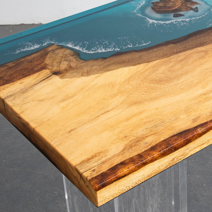 Handmade custom epoxy table featuring ocean-inspired artwork