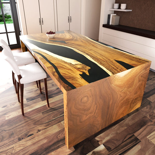 Custom epoxy river island, waterproof and heat-resistant for kitchens.