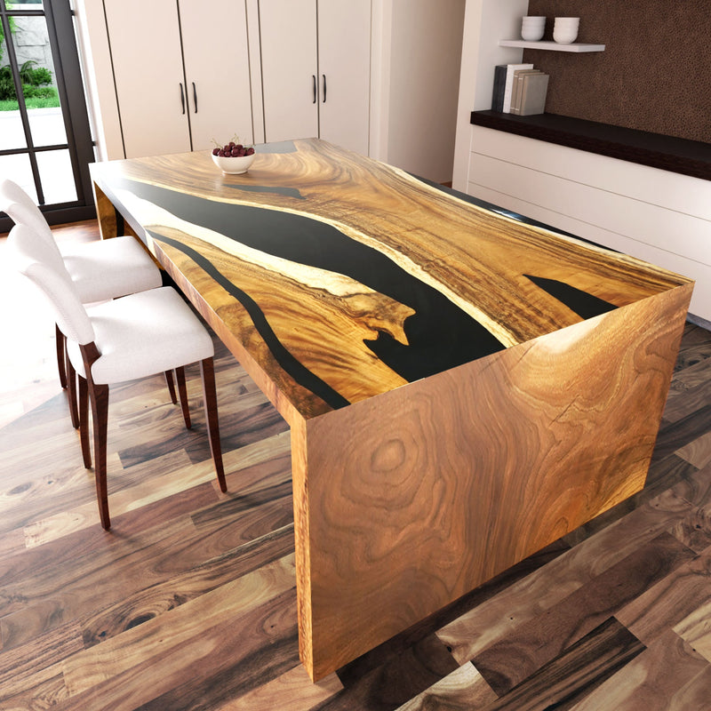 Custom epoxy river island, waterproof and heat-resistant for kitchens.