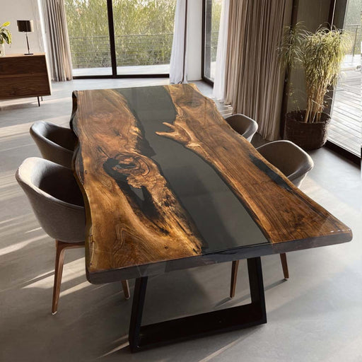 Custom live edge black walnut epoxy dining table P37