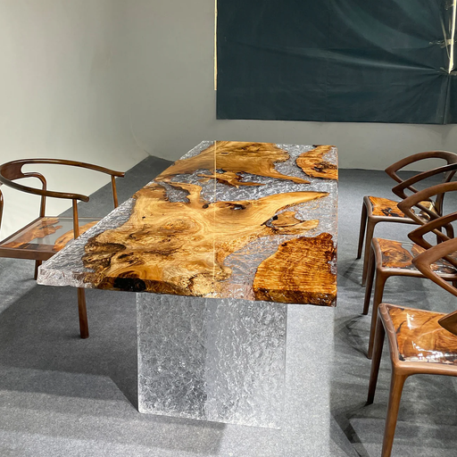 Custom live edge camphor wood table with transparent epoxy design