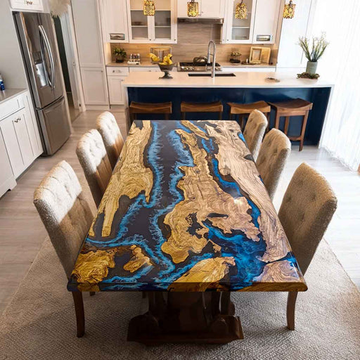 Custom live edge epoxy river dining table for kitchen and dining room