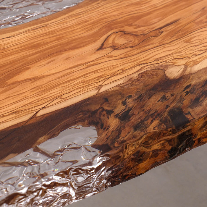 Custom live edge resin table with natural olive wood and clear epoxy