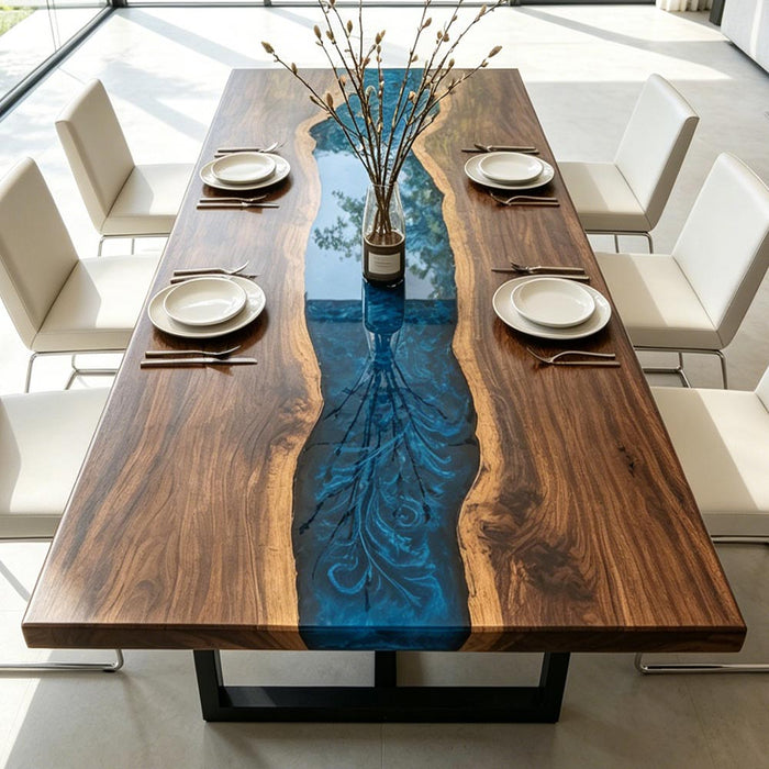 Custom live edge black walnut epoxy river dining table with blue resin center