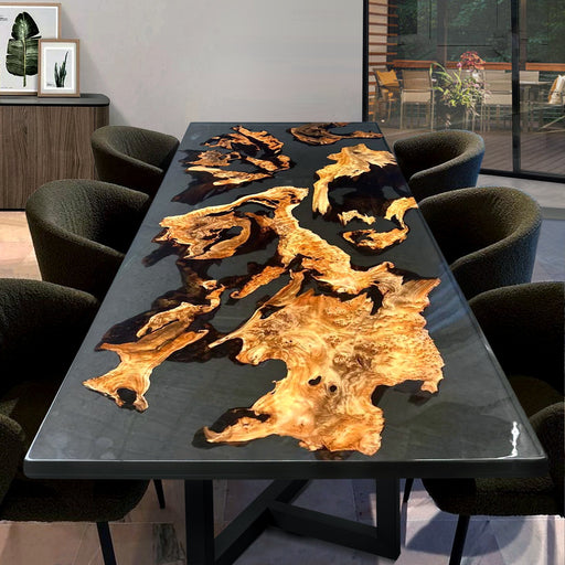 Custom epoxy resin conference table with live edge wood slab and modern design.