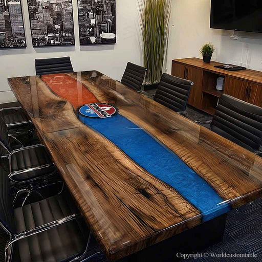 Custom logo engraved epoxy conference table designed for executive meeting rooms and corporate branding use.