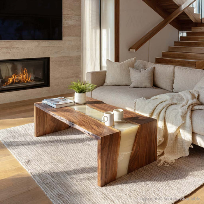 Modern epoxy waterfall coffee table in living room with sofa and rug