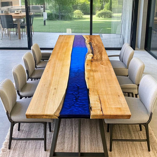 Custom Oak and Deep Blue Epoxy River Dining Table