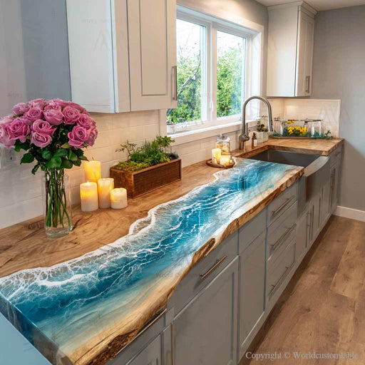Blue ocean wave epoxy resin walnut countertop, custom kitchen island with natural live edge wood