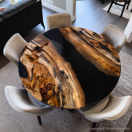Custom olive wood black epoxy round coffee table in living room