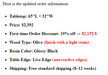 Product description of a tabletop with specifications and pricing details.