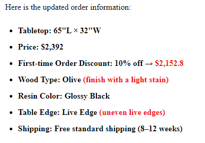 Product description of a tabletop with specifications and pricing details.