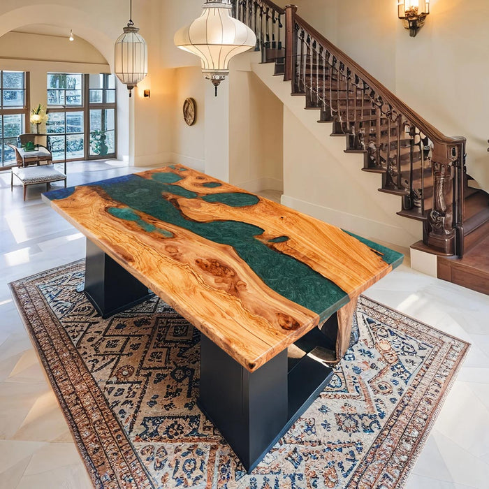 Custom epoxy resin table made with solid olive wood