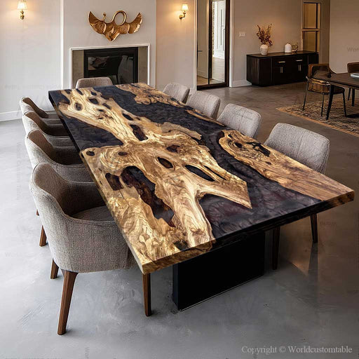 Large custom conference table made from natural olive wood and epoxy resin, luxury resin dining table and meeting table, bespoke custom table for boardroom and modern interior