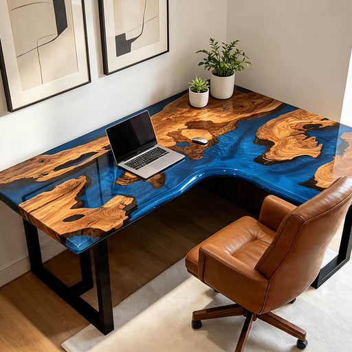 Custom olive wood river table office desk with blue epoxy resin and live edge design