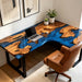 Custom olive wood river table office desk with blue epoxy resin and live edge design