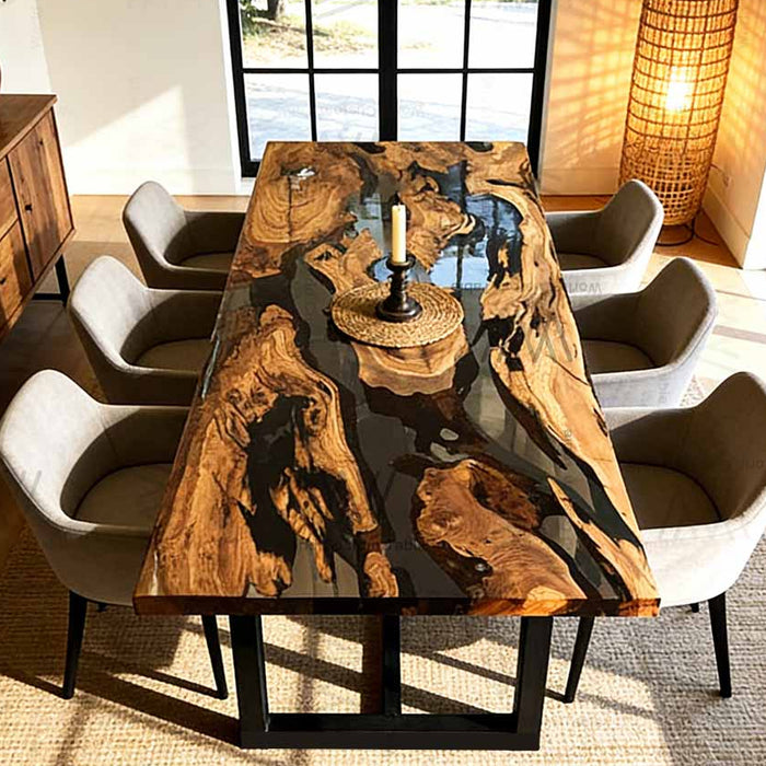 Custom olive wood epoxy dining table in a modern dining room