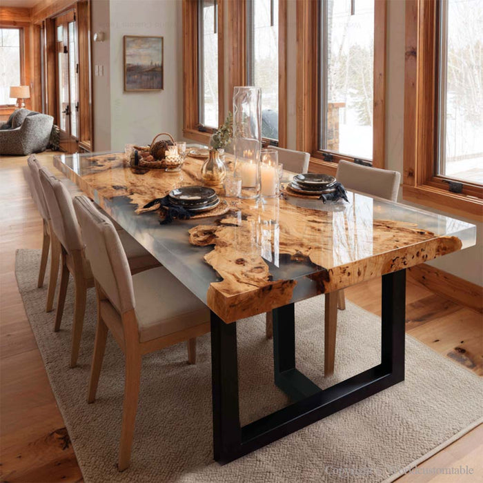 Custom olive wood dining table with translucent gray resin