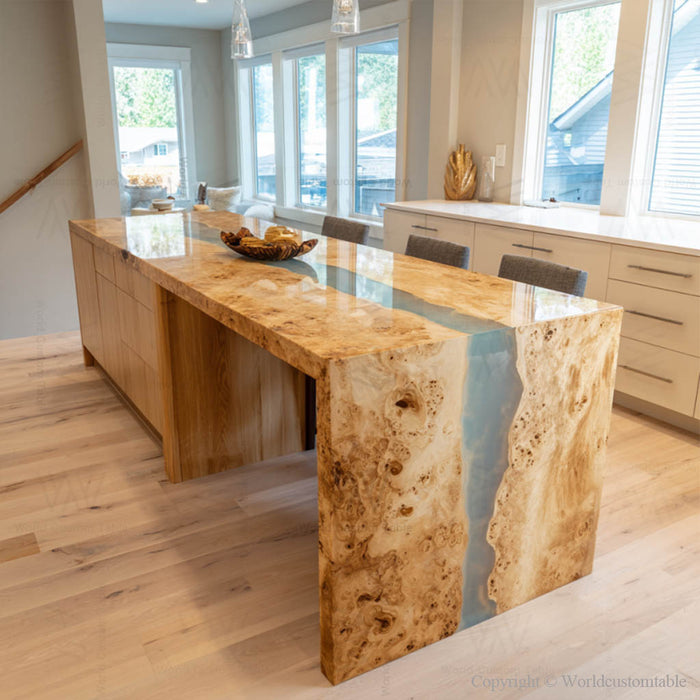 Custom poplar wood epoxy waterfall table in a contemporary home