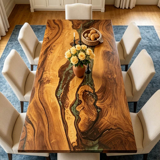 Custom green resin walnut dining table for modern kitchen and luxury dining room